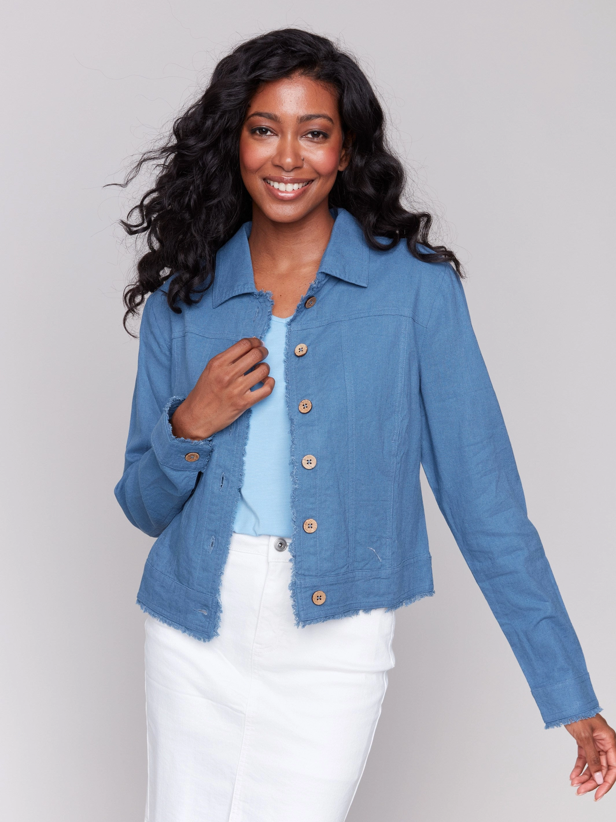 Matte Finish Linen Blend Jacket - Denim