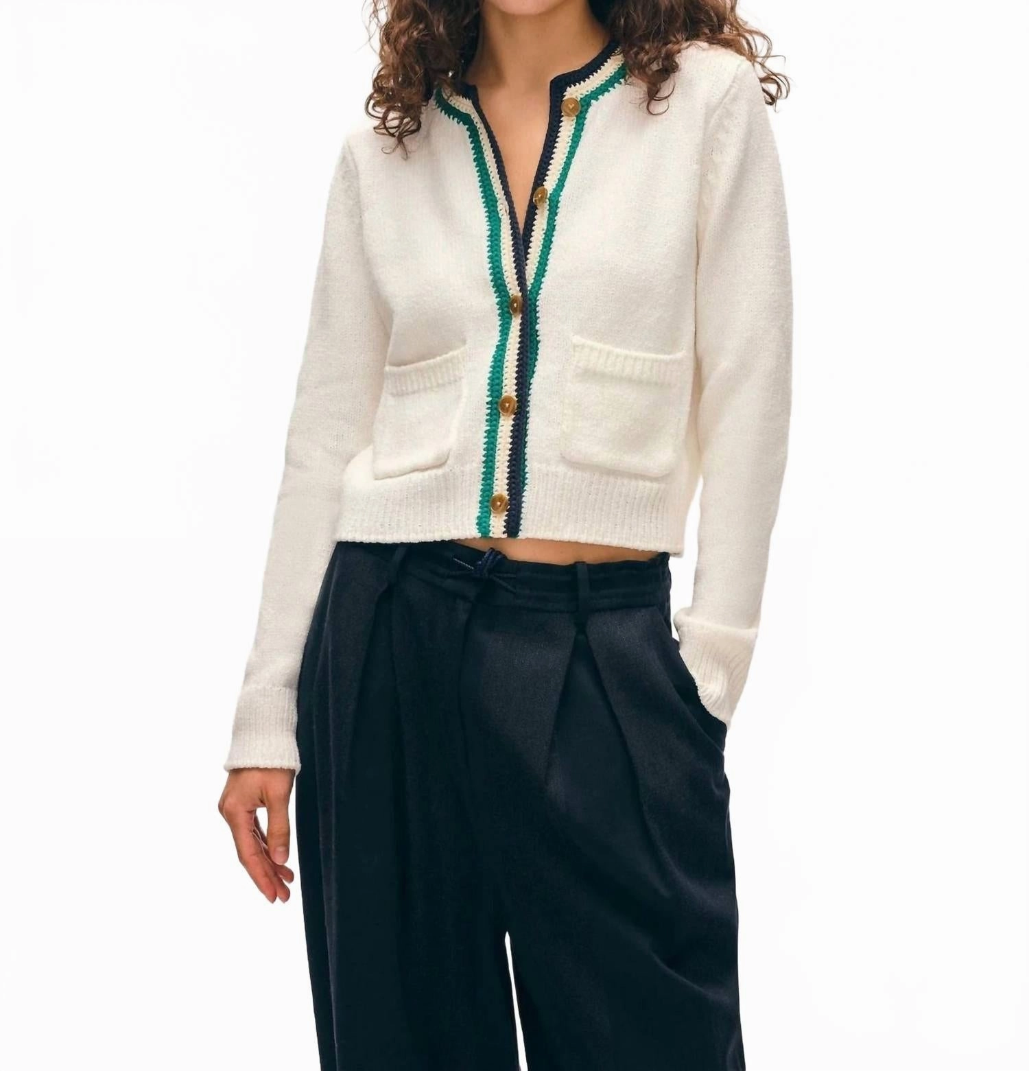 Lofty Cotton Crochet Trim Cardigan In Ivory/navy Teal Soft Knit Design Knitwear Essential