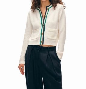 Lofty Cotton Crochet Trim Cardigan In Ivory/navy Teal Snug Fit Knit Stylish Warmth