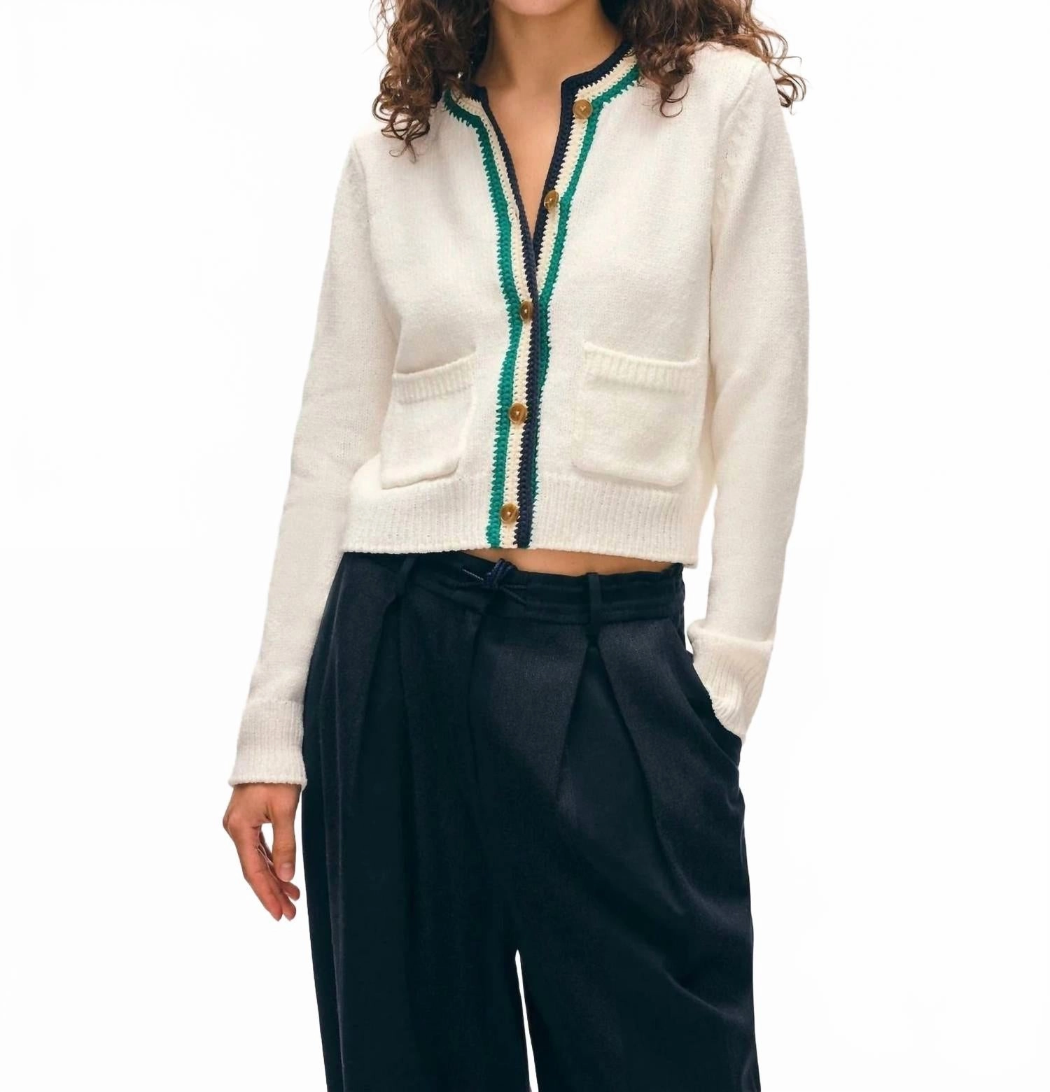 Lofty Cotton Crochet Trim Cardigan In Ivory/navy Teal Snug Fit Knit Stylish Warmth