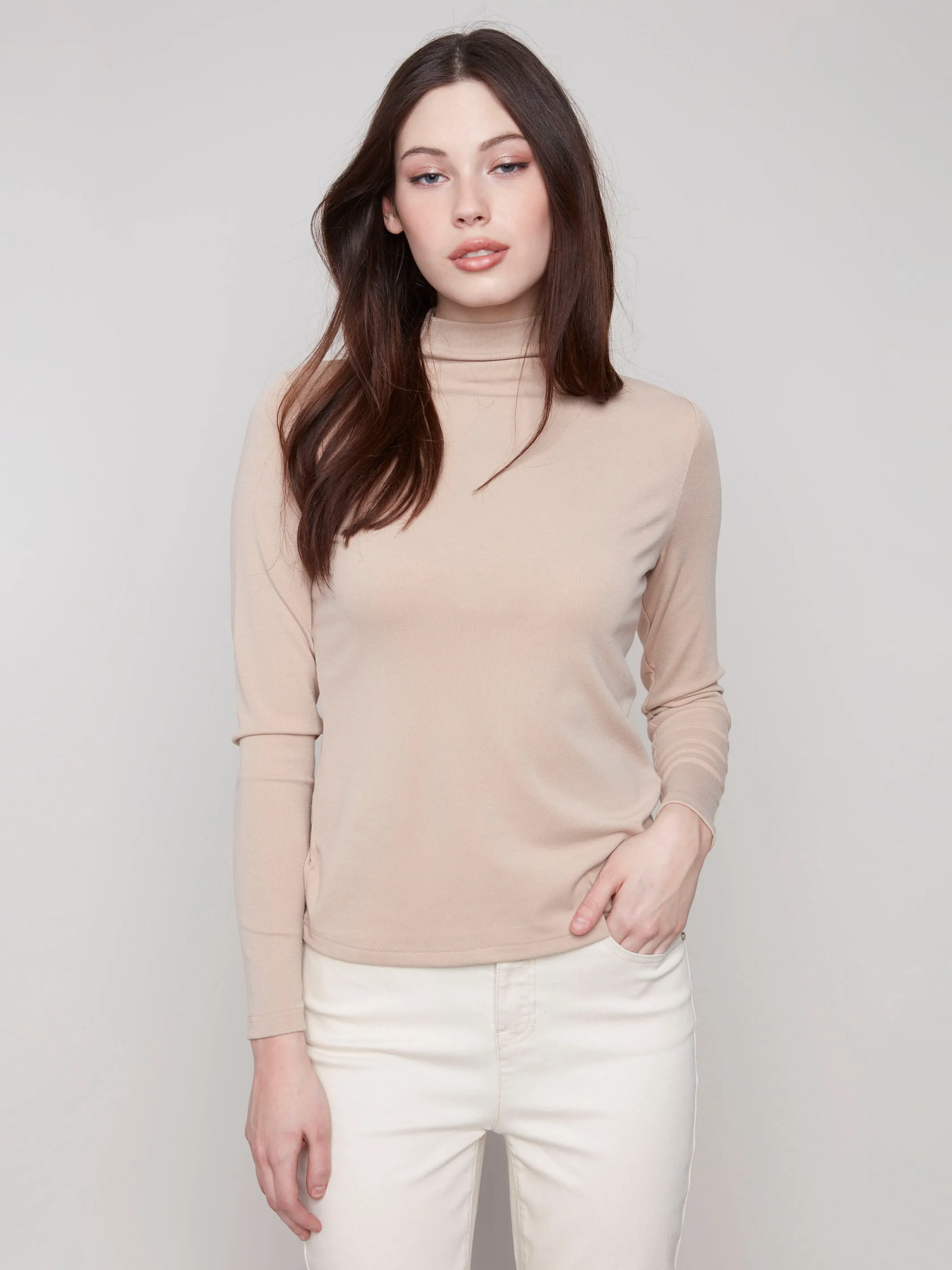 Reverseble Design Long Sleeve Mock Neck Top - Sesame