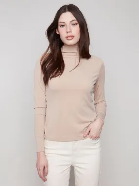 Reverseble Design Long Sleeve Mock Neck Top - Sesame