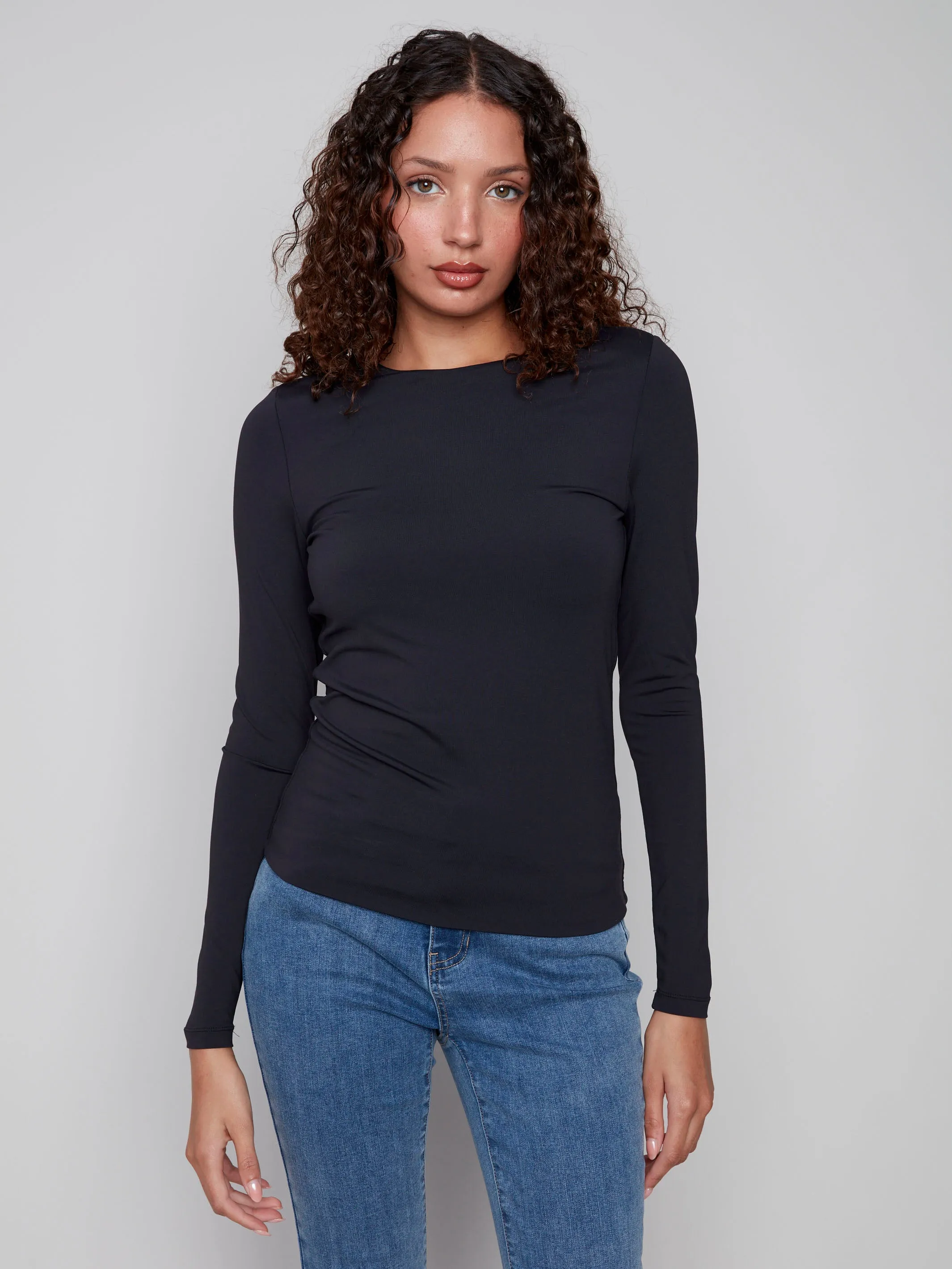 WeightedHem Weighted Hem Trim Long Sleeve Super Stretch Top - Black