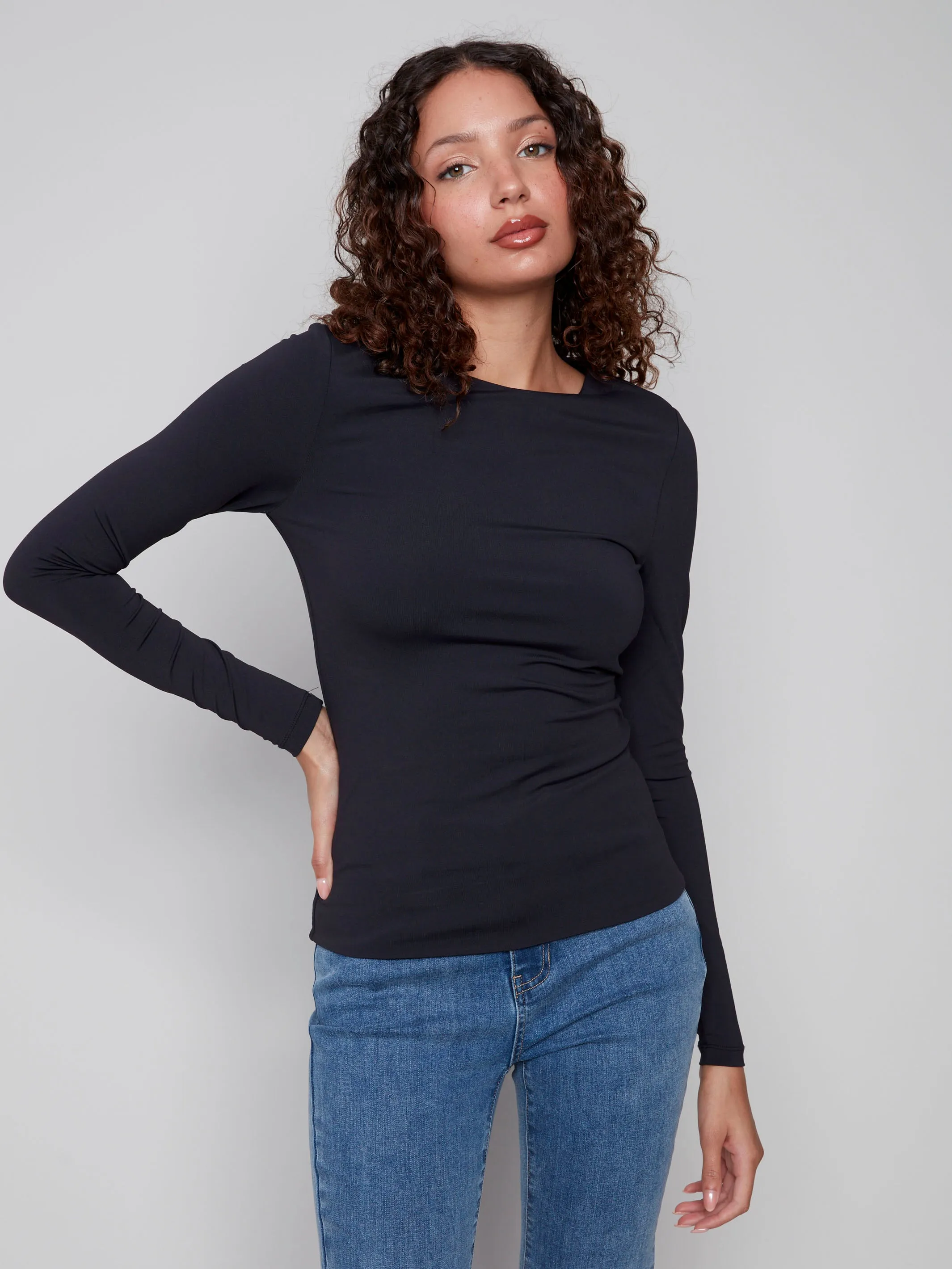 BreathableMoistureBarrier Fray Resistant Edges Long Sleeve Super Stretch Top - Black