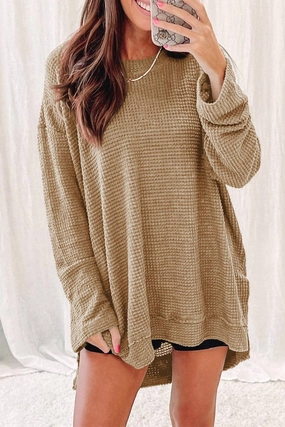 Long Sleeve Waffle Knit Sweater In Khaki Essential Warmth Timeless Design