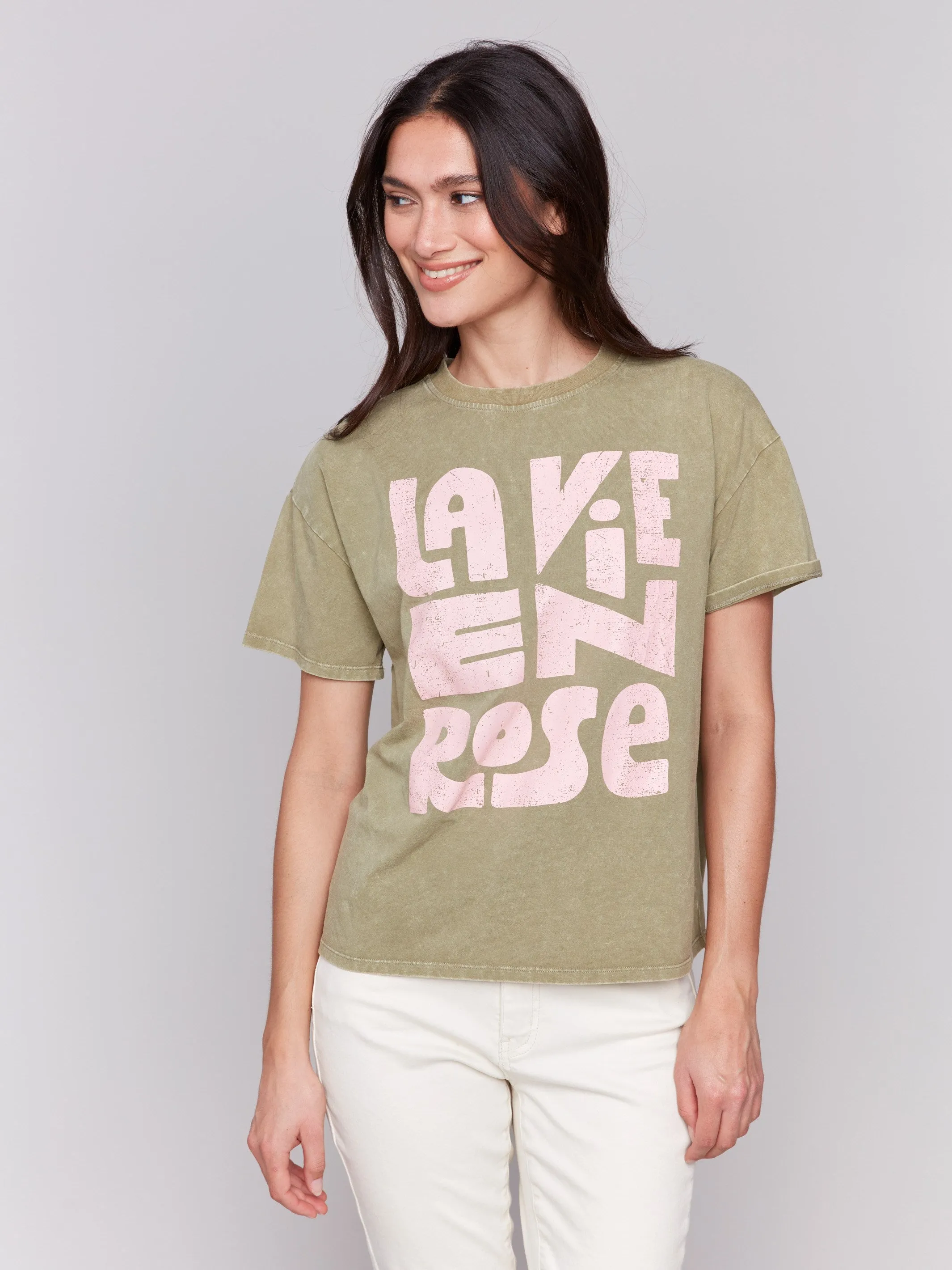 Active Blouse Wear Resistant Fabric Loose Fit Graphic T-Shirt - Celadon