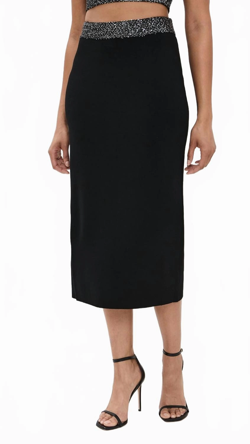 Flared hem smooth zipper Jane Sequin Embellished Knit Midi Skirt In Black/silver
