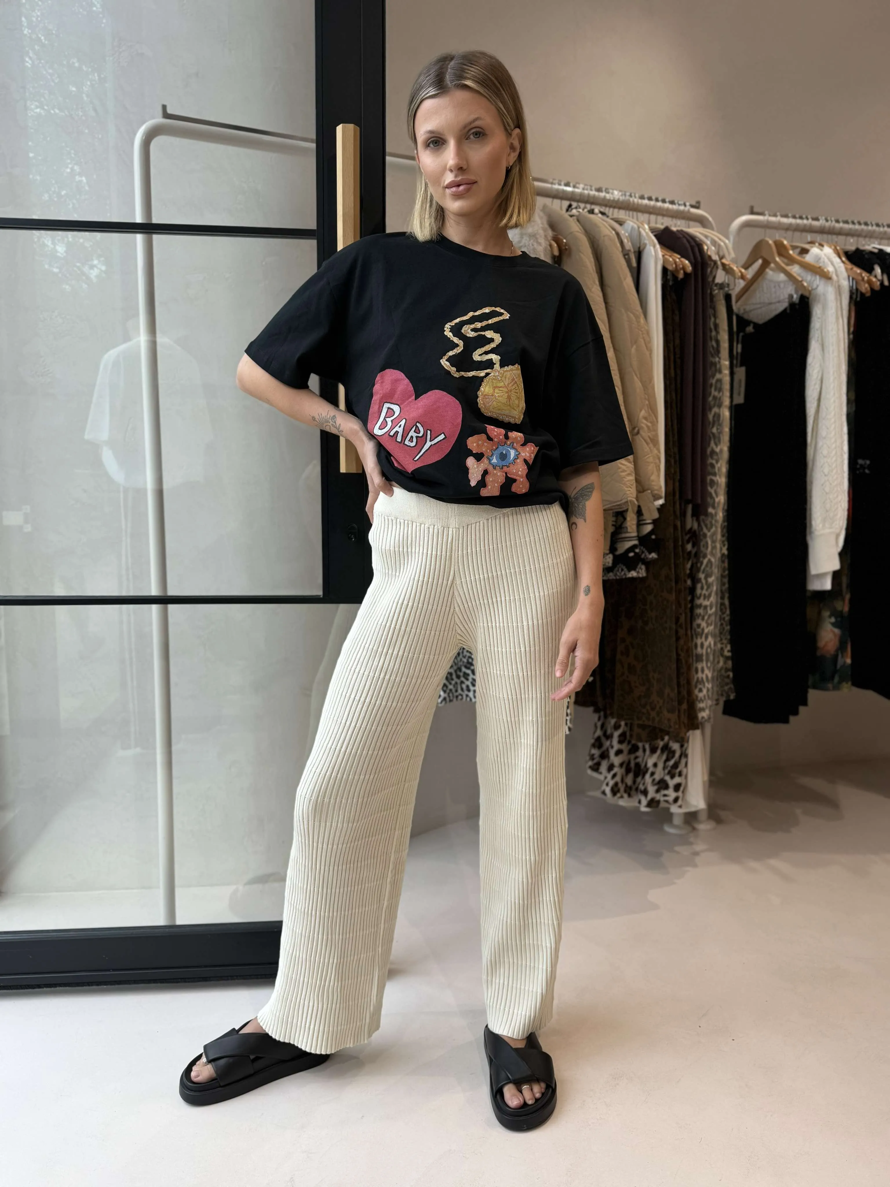 Non-Binding Fit MARBLE KNIT PANTS- CREAM