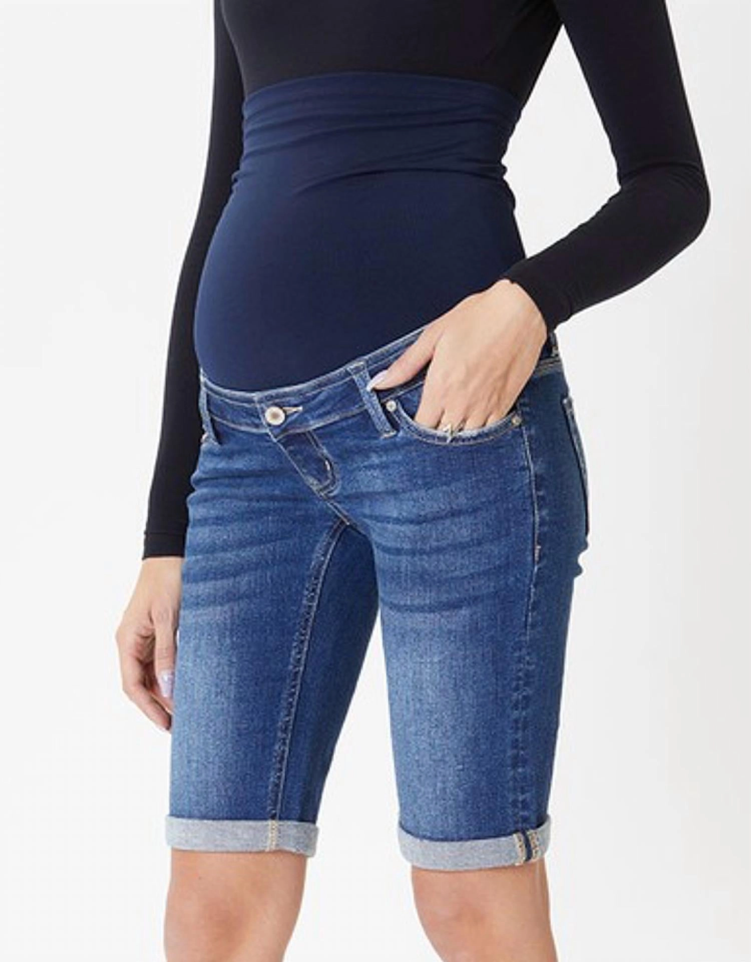 Maternity Full Band Bermuda Short In Blue Reflective Safety Detailing Seam Free Construction