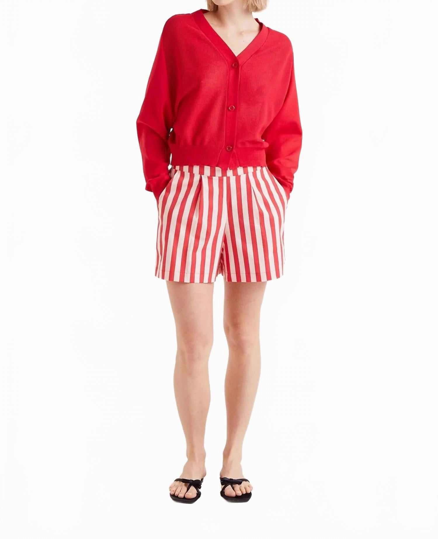 Cherry Stripe Shorts In White/red Flexible Cut Fit Design