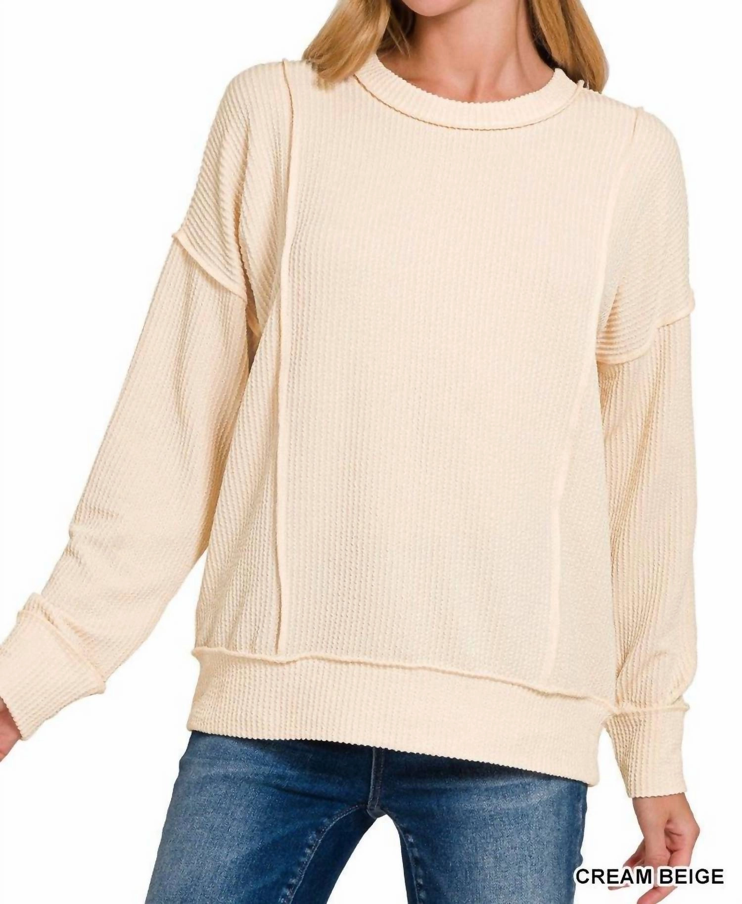 Mia Corded Pullover In Cream Beige Stylish Comfort Brushed Interior