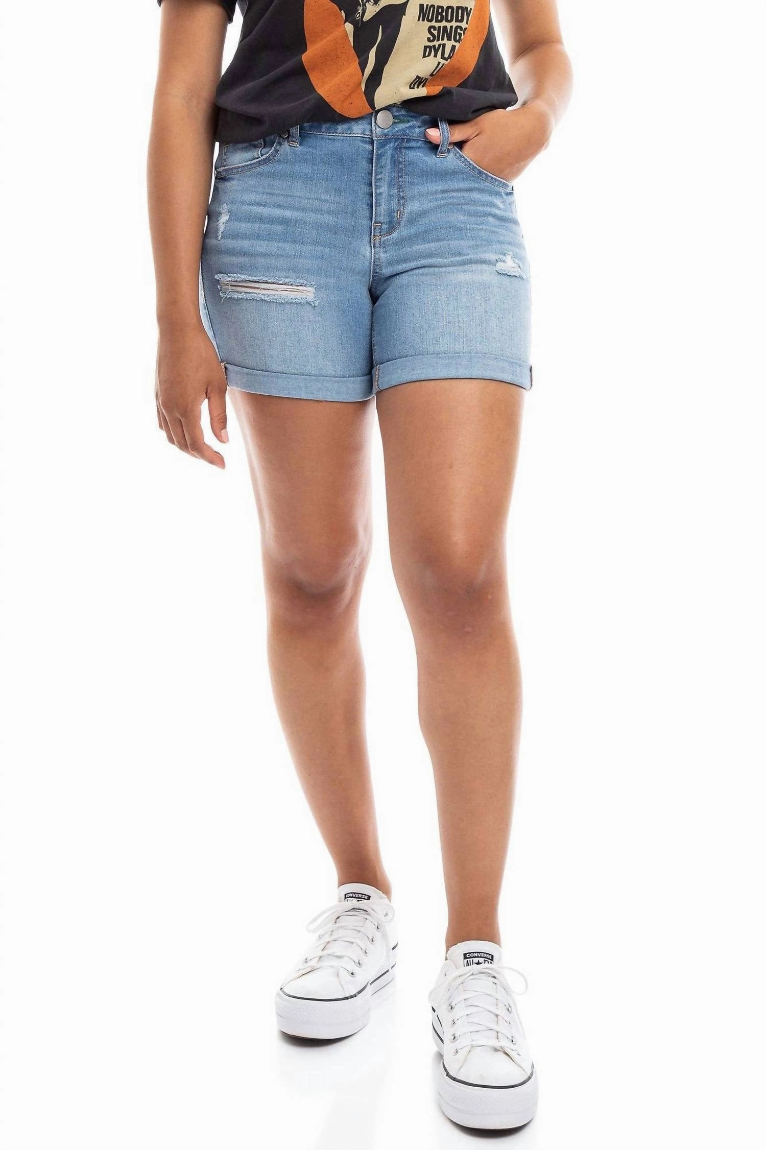 Mid-Rise Roll Cuff Jean Shorts In Denyse Double Layered Panels