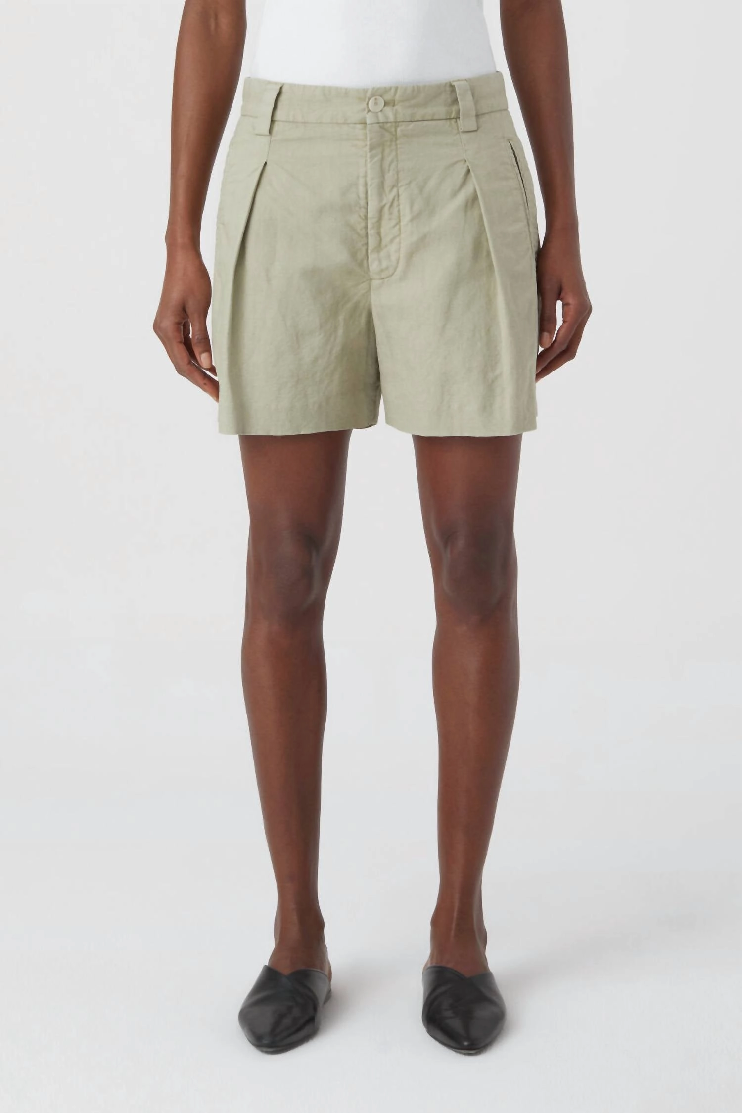 Mid Waist Linen Cotton Blend Shorts In Light Moss Green Double Layered Reinforcement Warehouse Work