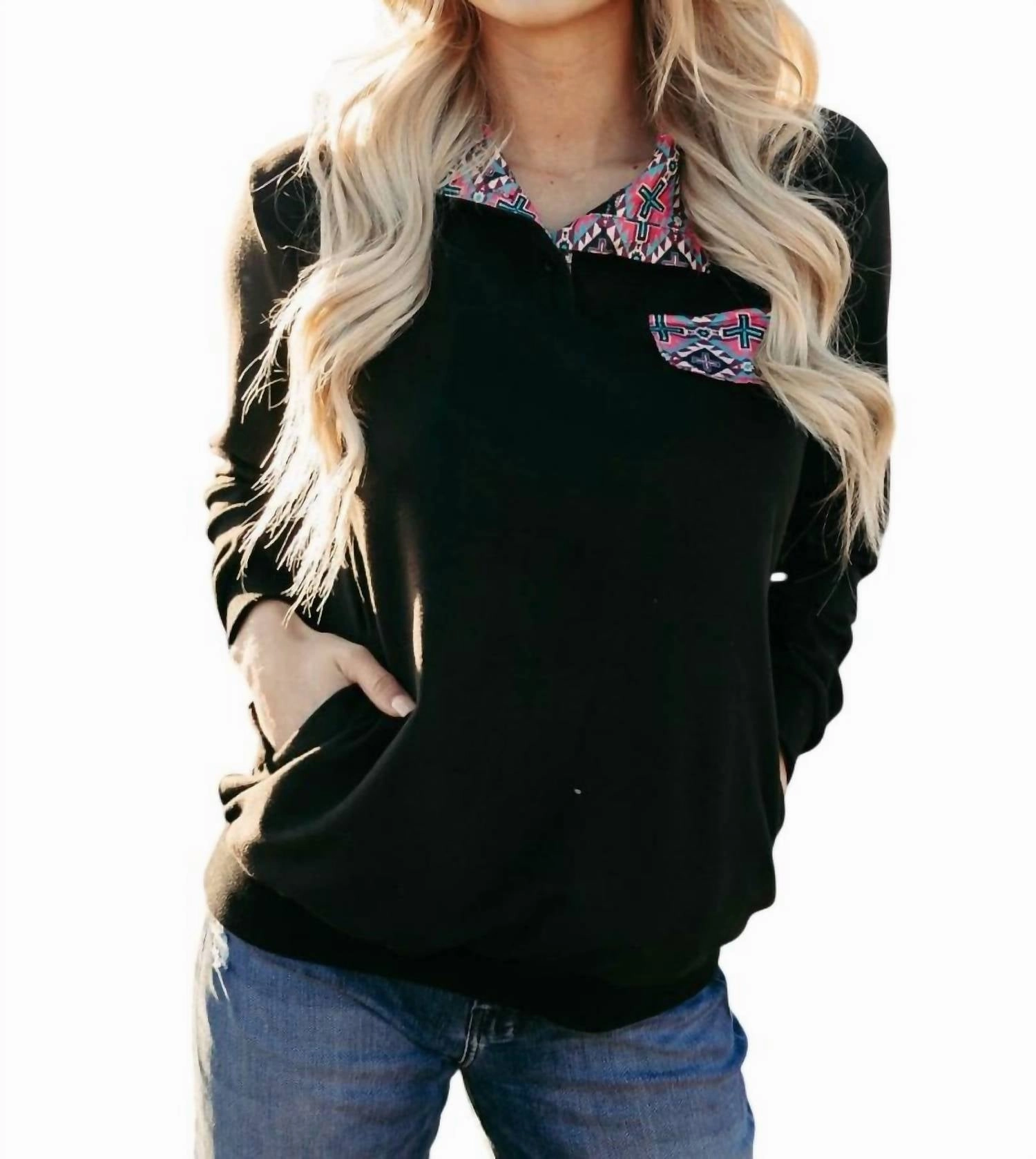 Effortless Layering Warm design Midnight Orchid Pullover Top In Black