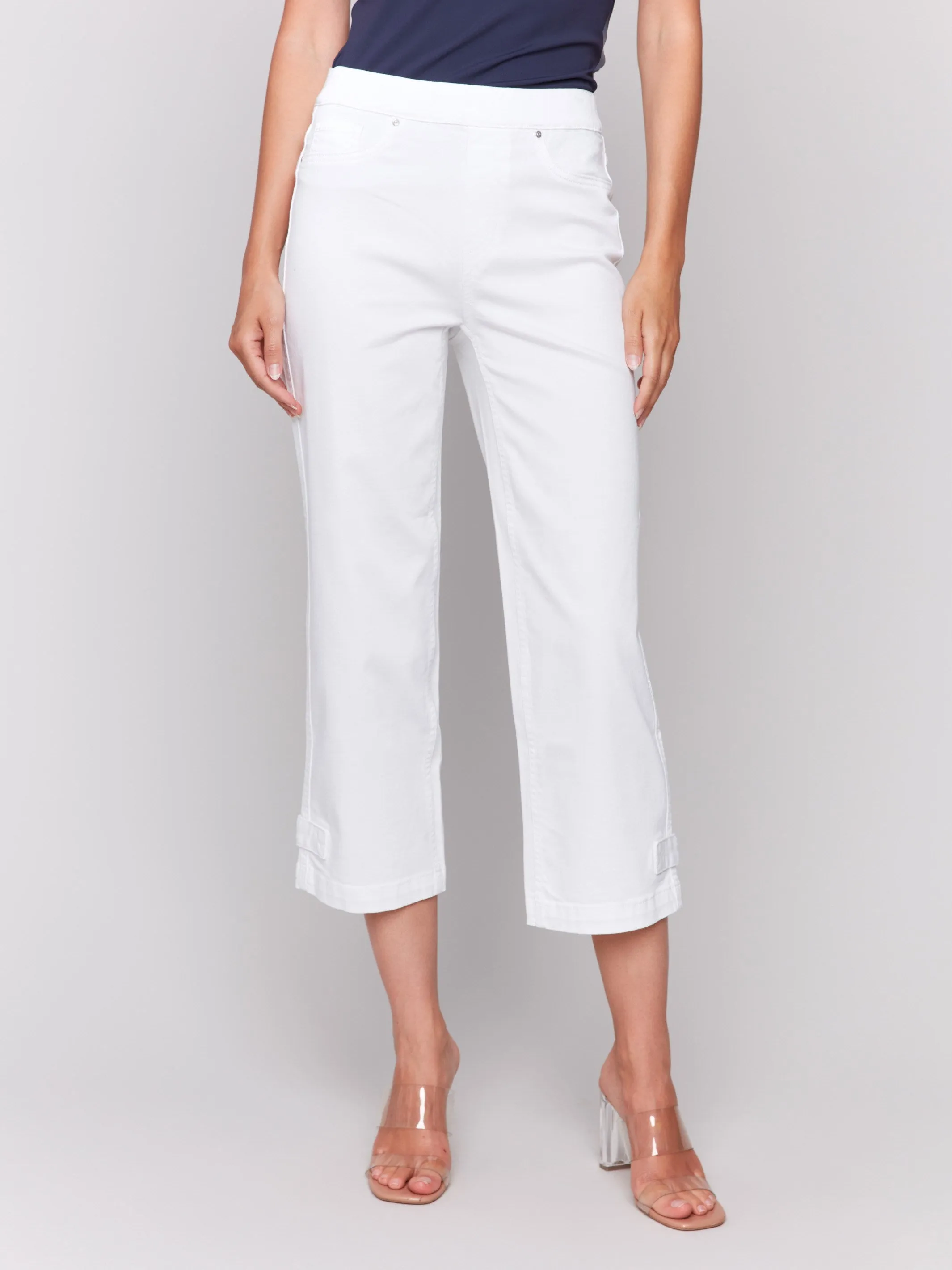 Cropped Pull-On Twill Pants with Hem Tab - White Comfort Design