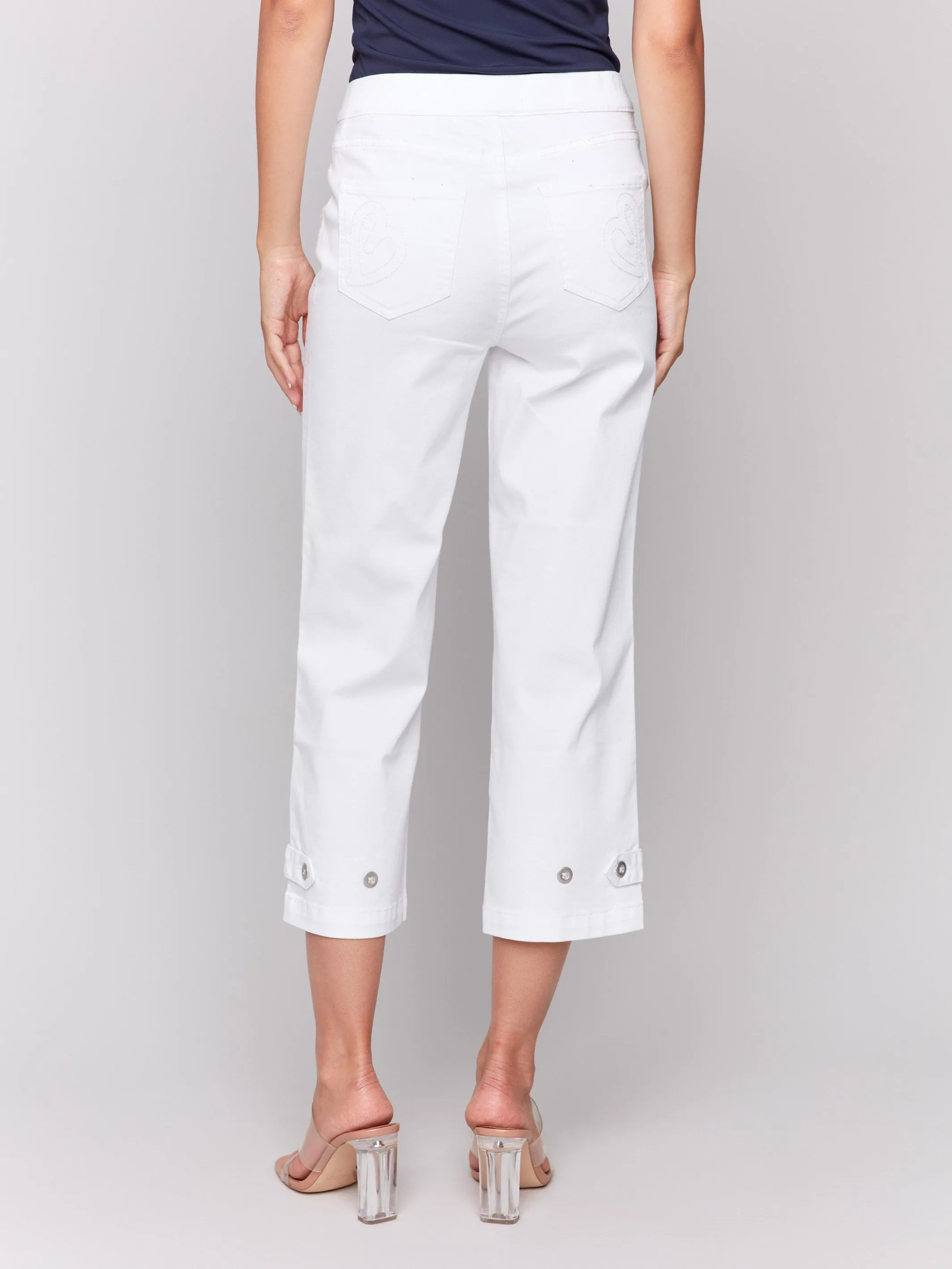 Cropped Pull-On Twill Pants with Hem Tab - White No Ride