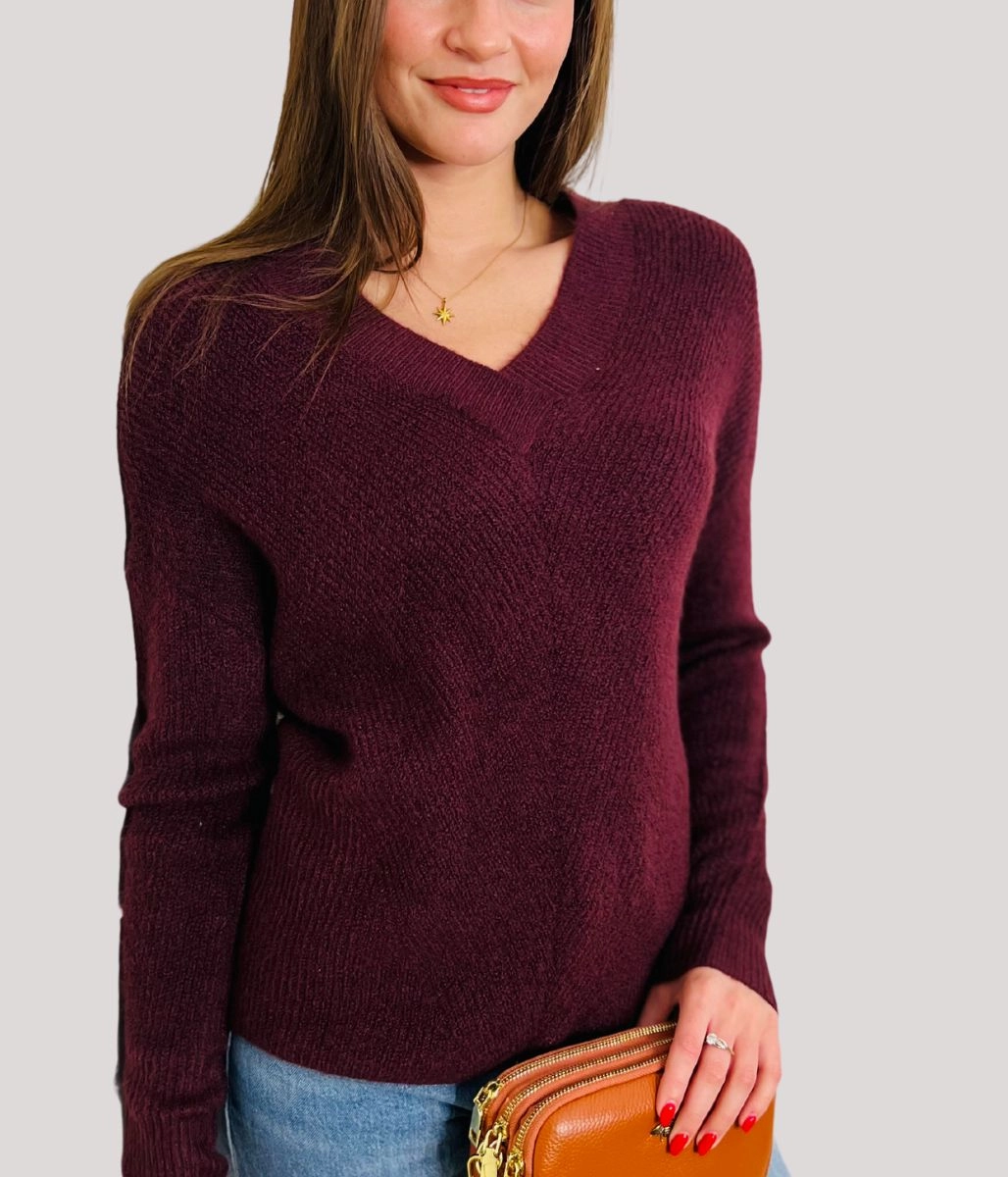 Burgundy Warm Wool Blend Womens Jumper Chilly Weather Fashion Multi Panel Construction
