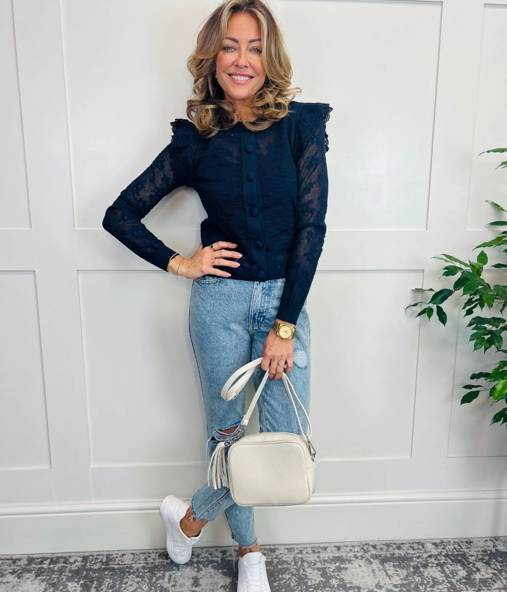 Navy Lace Frill Cardigan Breathable Layer Fit Minimalist Fit