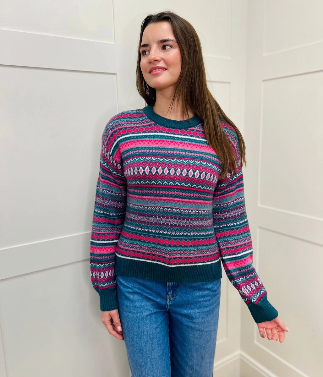 Casual Knit Layer Pink Fairisle Pattern Jumper