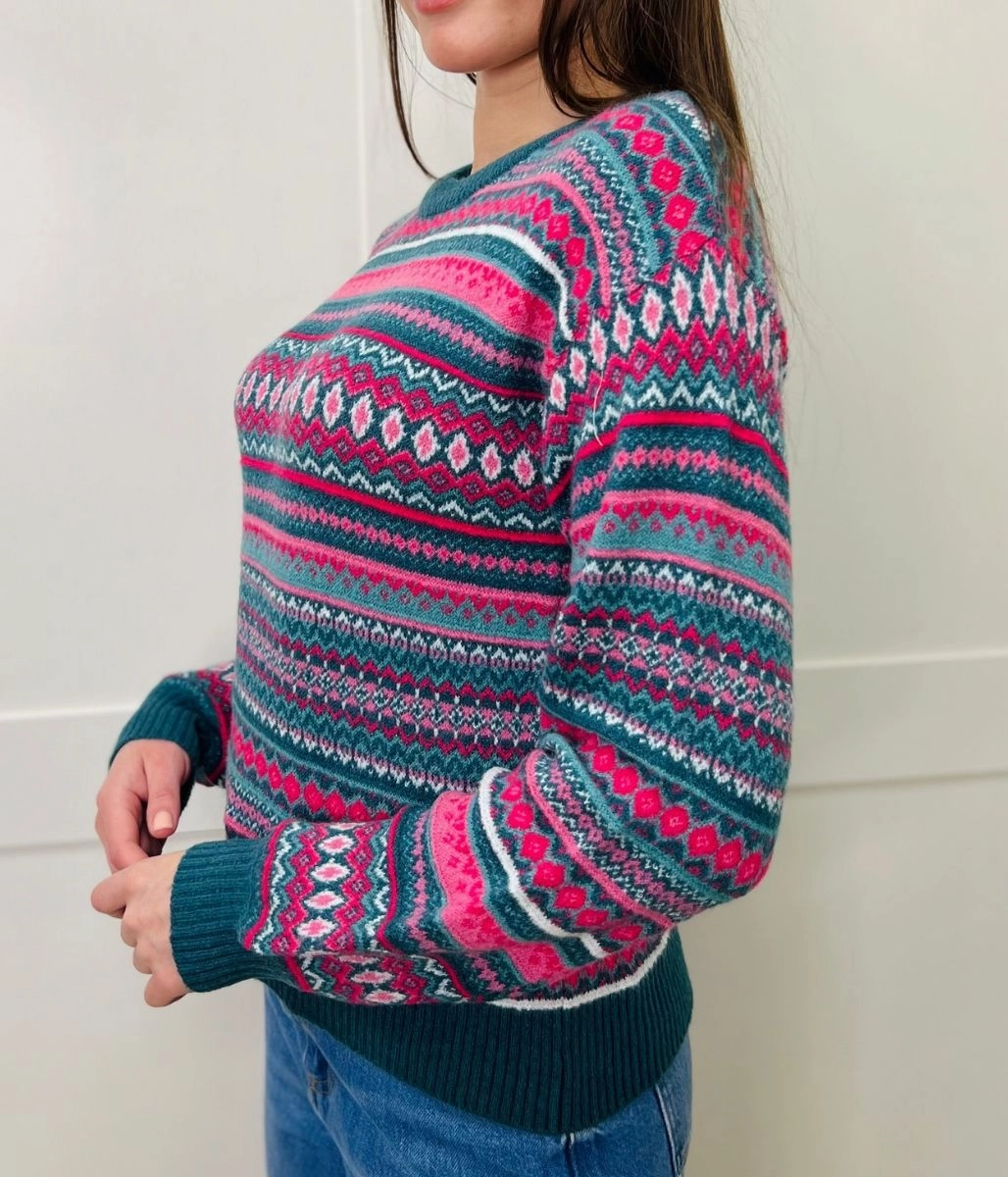 Compact Travel Design Warm Layer Fit Pink Fairisle Pattern Jumper