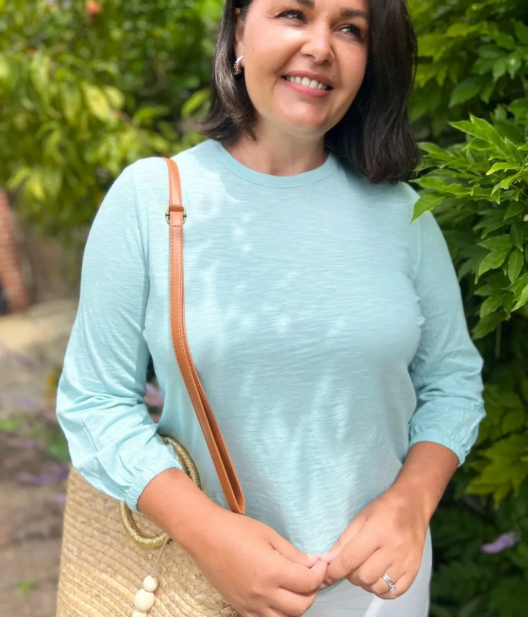 Mint Green Cotton Crew Neck Top Weighted Hem Trim