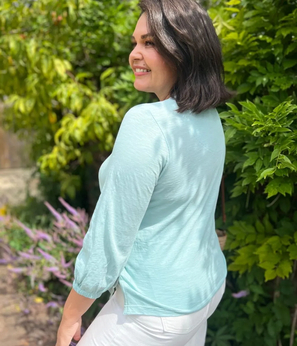 Contrast Topstitching Detail Mint Green Cotton Crew Neck Top