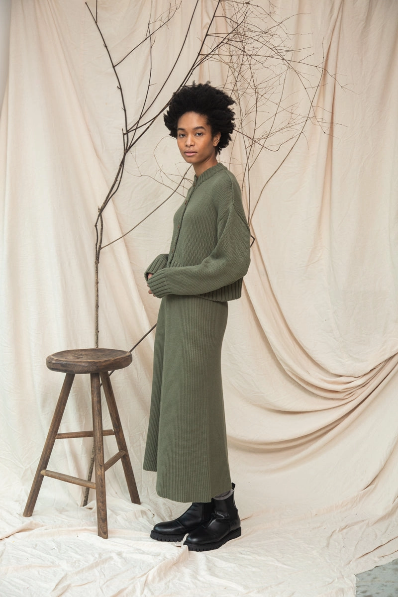 Mio Organic Cotton Knitted Skirt in Soft Khaki Relaxed Design Wear Easy Flex Design