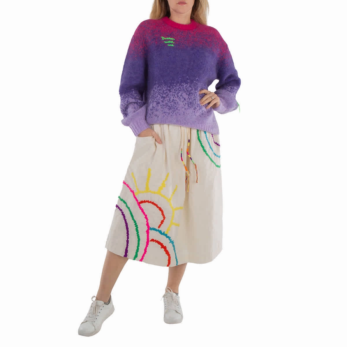 Mira Mikati Ladies White Embroidered Sun Scene Elasticated Skirt Adjustable Fit One size fits most