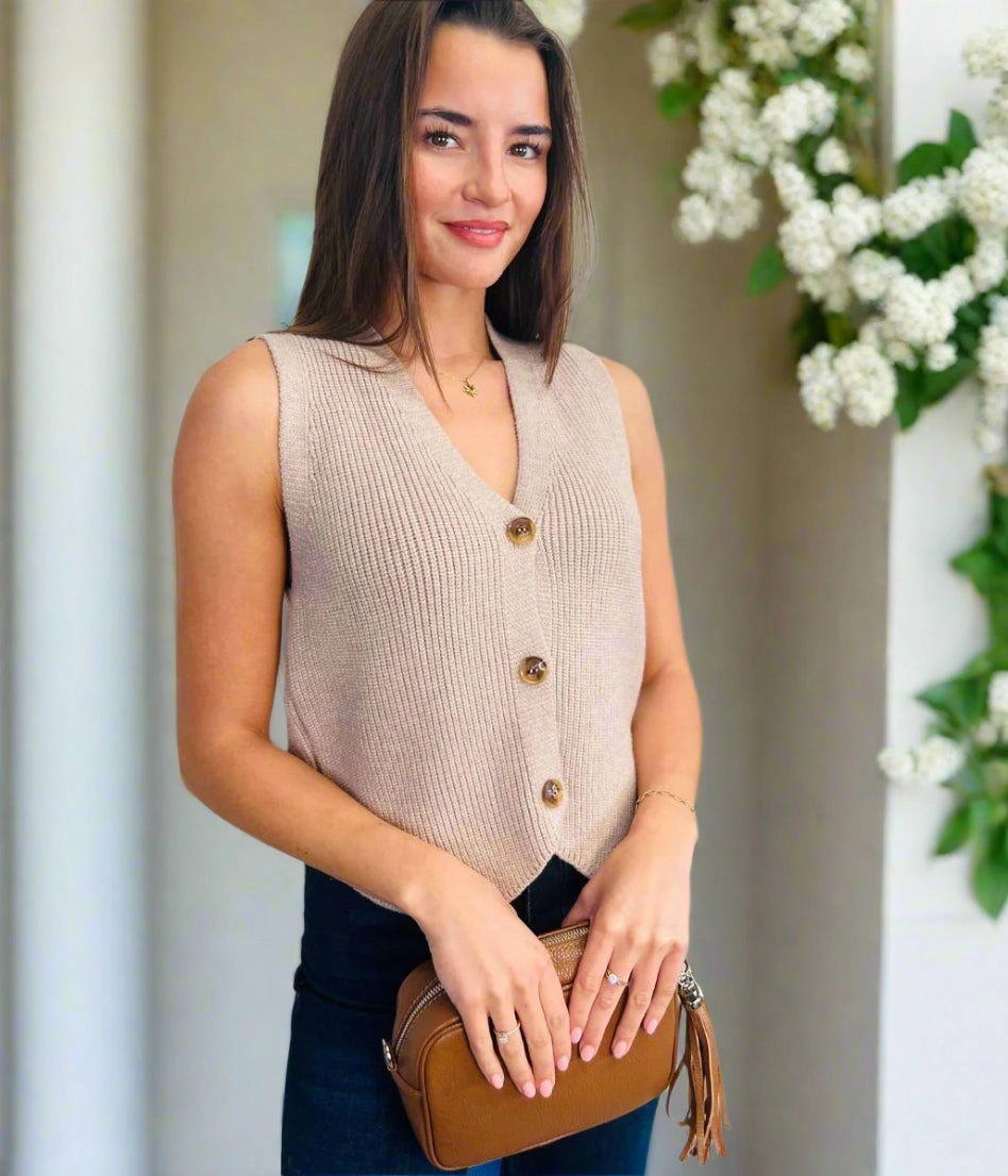 Mocha Cropped Knitted Waistcoat Thermal Lock Stitching Timeless Fashion