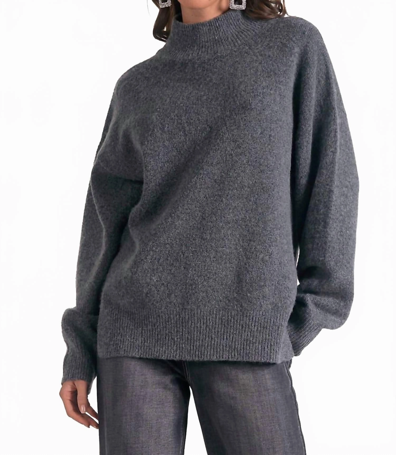 Mockneck Side Slit Sweater In Dark Grey Merino Wool