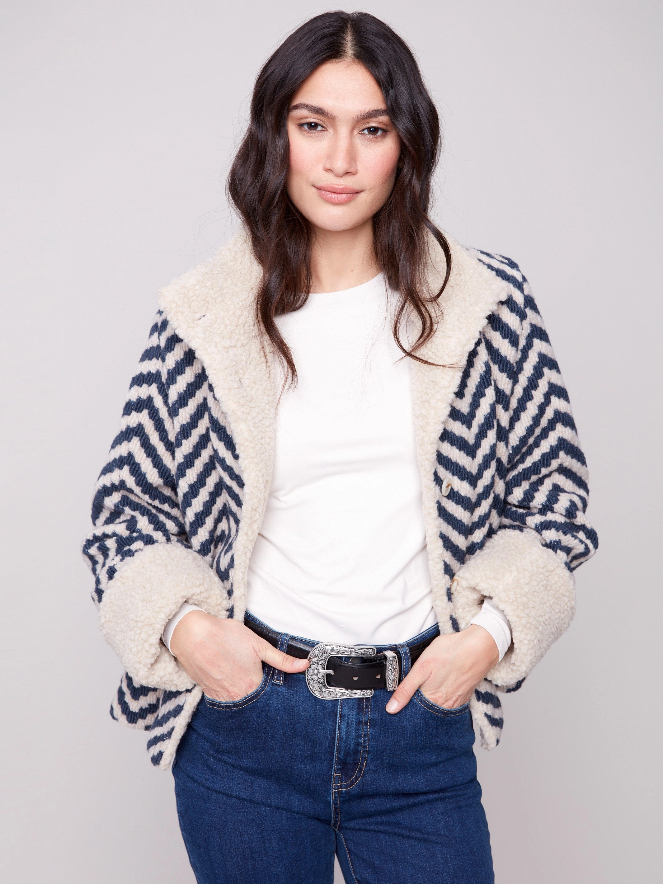 Chevron Boucl?? Short Jacket With Sherpa Trim - Navy Polished Look Comfortable Urban Piece