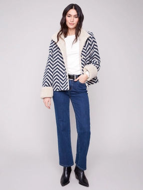 Seamless Technology Two Tone Design Chevron Boucl?? Short Jacket With Sherpa Trim - Navy