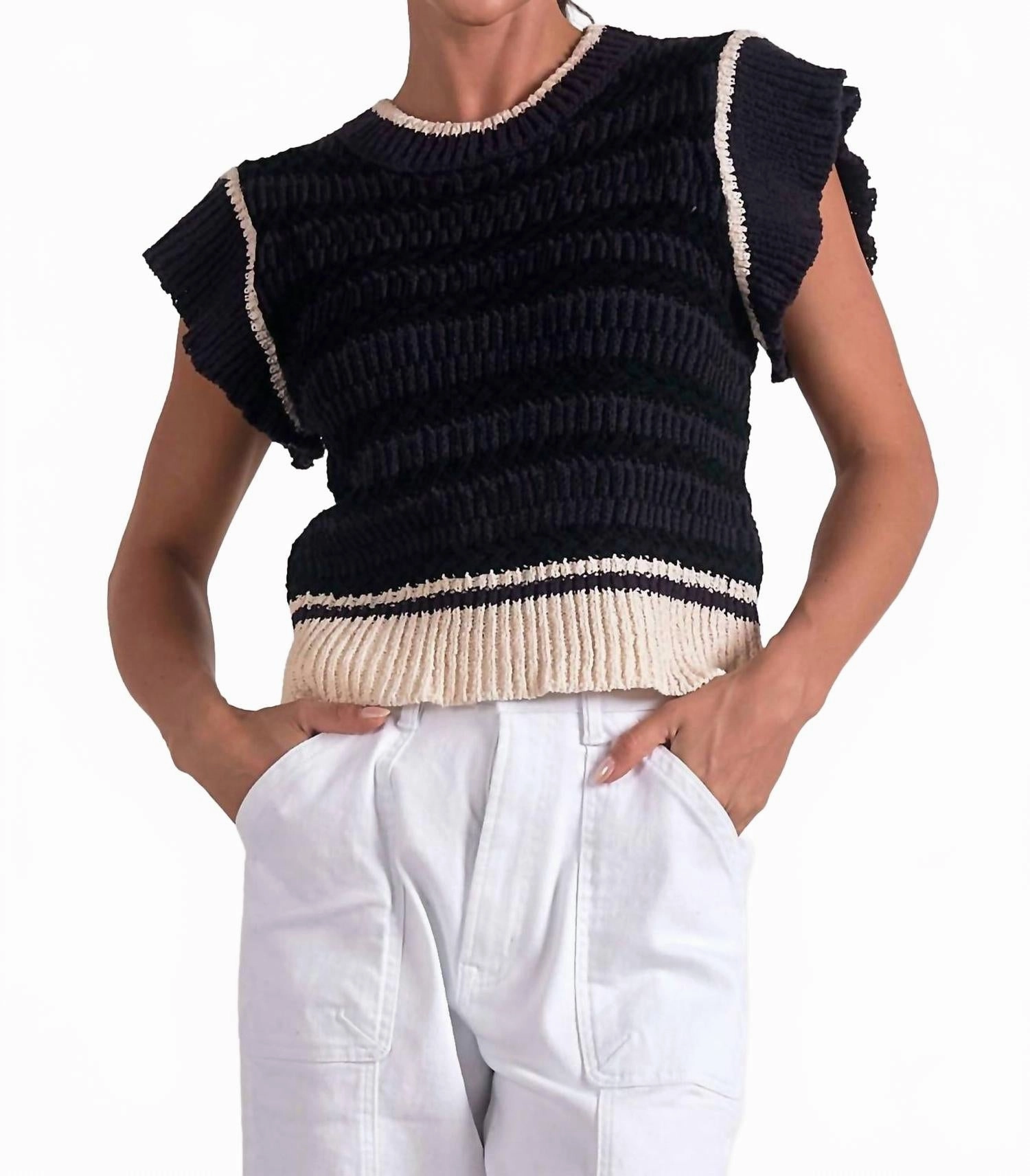 Cap Sleeve Crewneck Sweater In Black/beige Comfy Knit Outfit