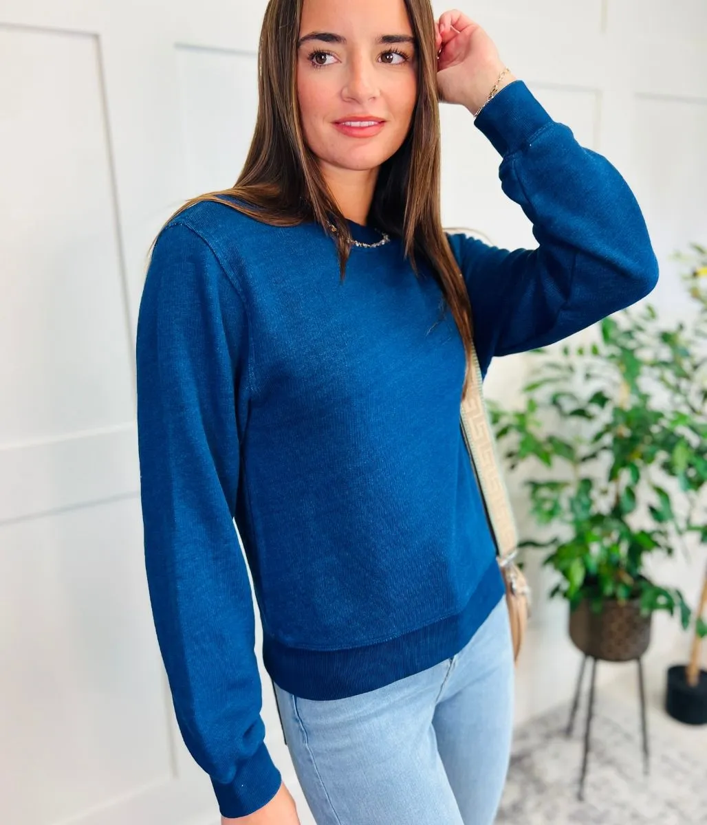 Blue Round Neck Sweatshirt WrinkleFree Weaving