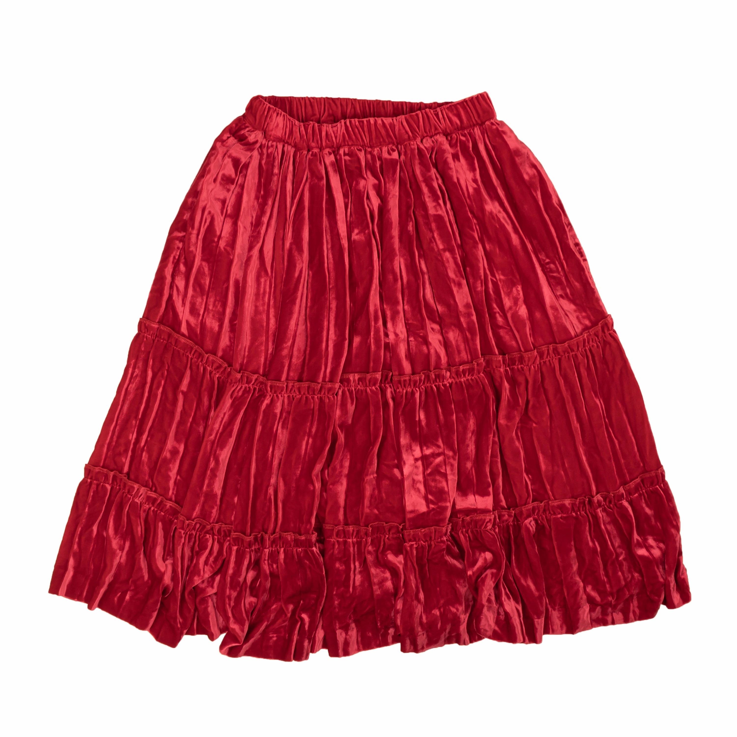 Comme Des Garcons Crush Velvet Tier Frill Trim Skirt - Red Bold Print Casual Outfit