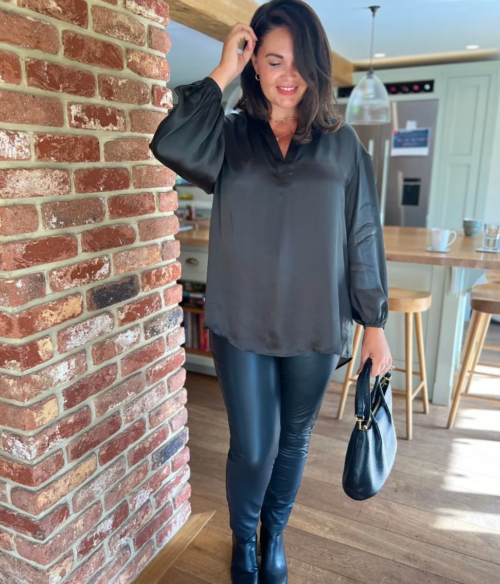 Light Fabric Dark Green Satin Popover Blouse