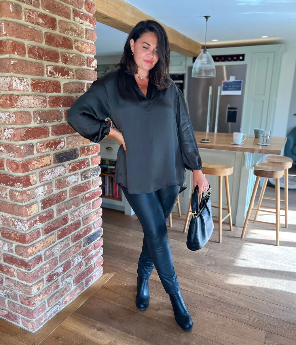 RelaxedSilhouette Elasticated Trim Dark Green Satin Popover Blouse