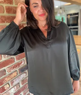 BoxyCrop Dark Green Satin Popover Blouse