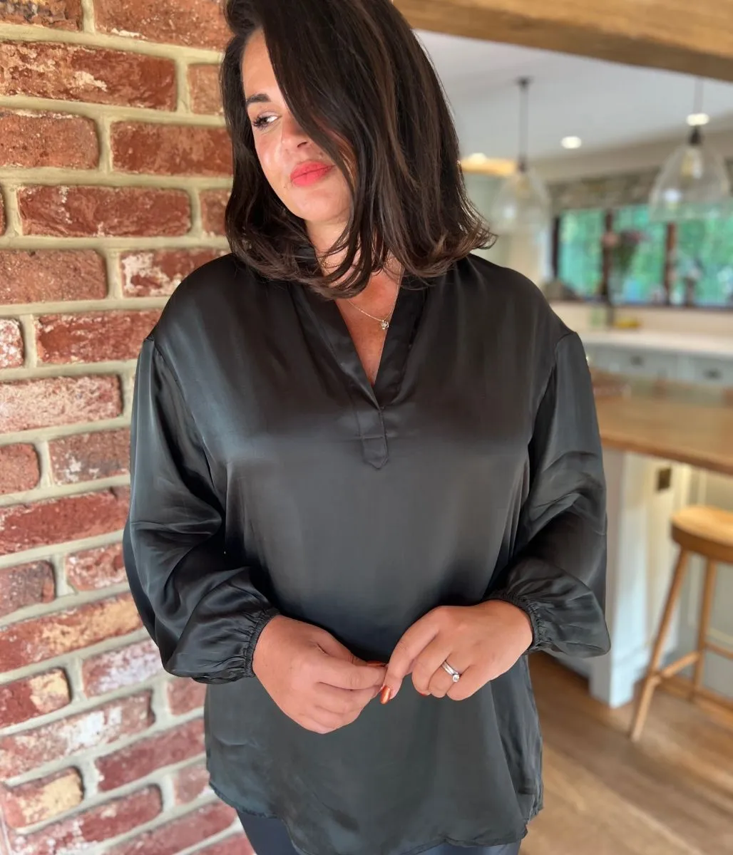 Dark Green Satin Popover Blouse Grid Back Panel