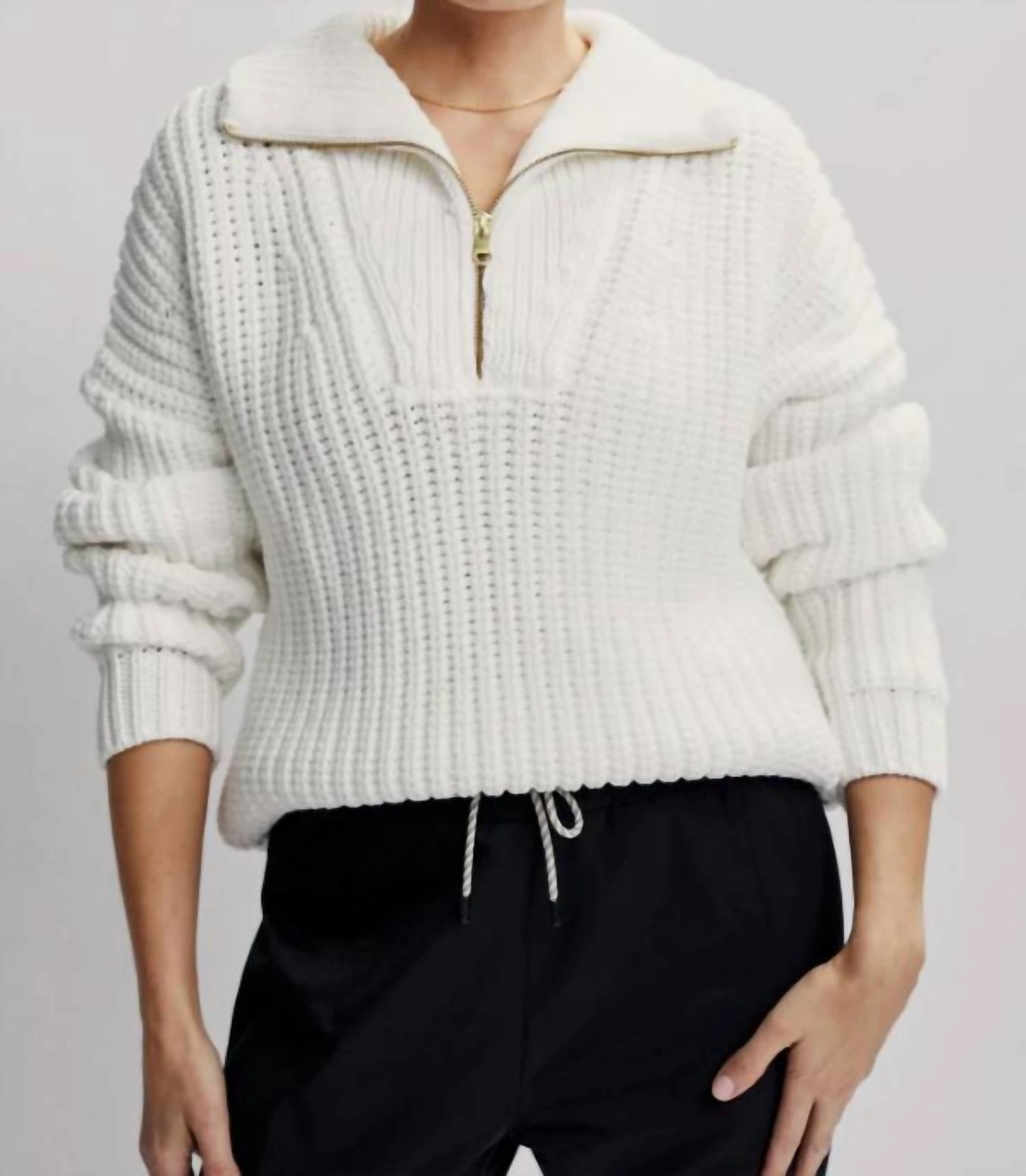 Natalia Half Zip Sweater In Snow White Fade Resistant Textiles Cozy Knit Style