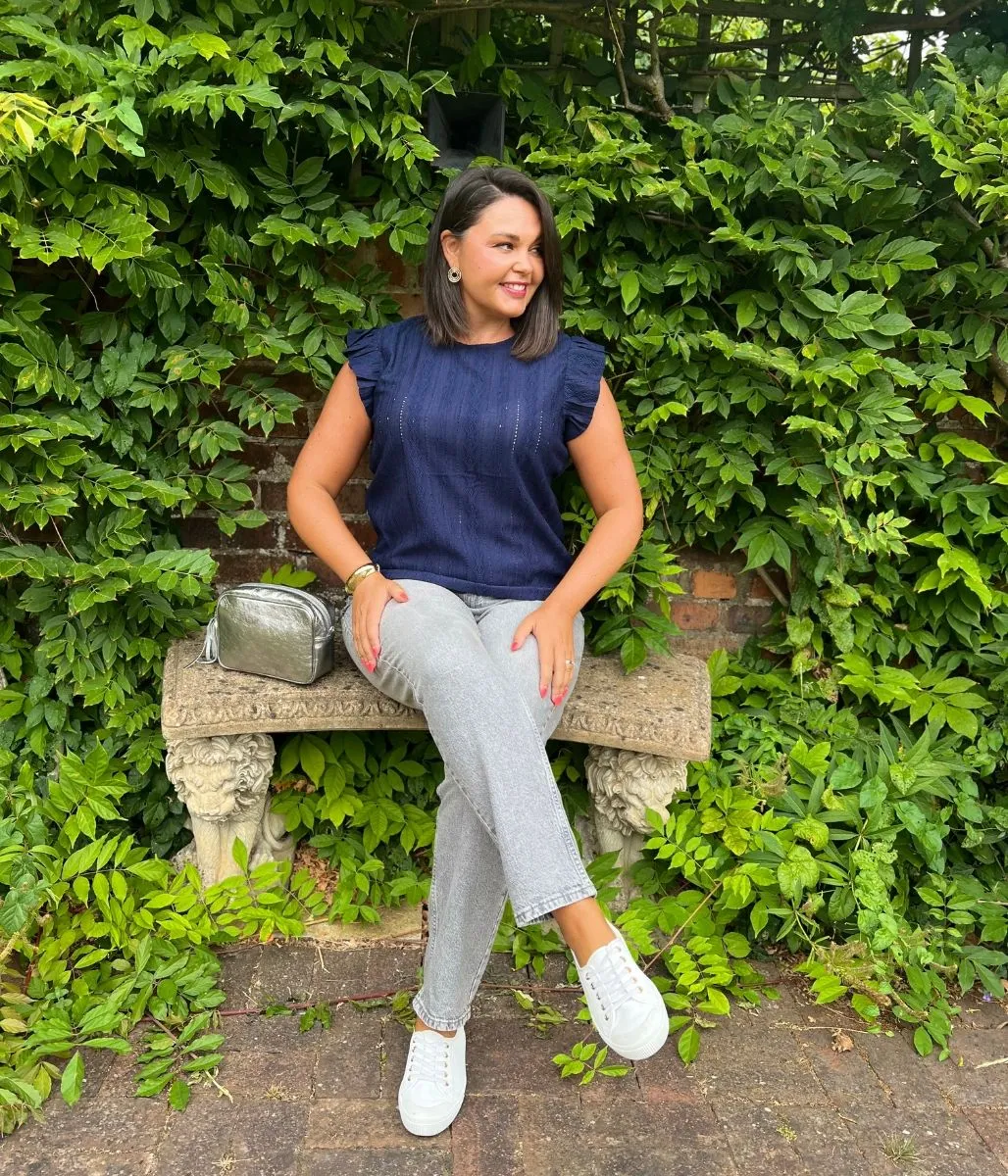 ReinforcedShoulders Navy Frill Sleeve Broderie Anglaise Top