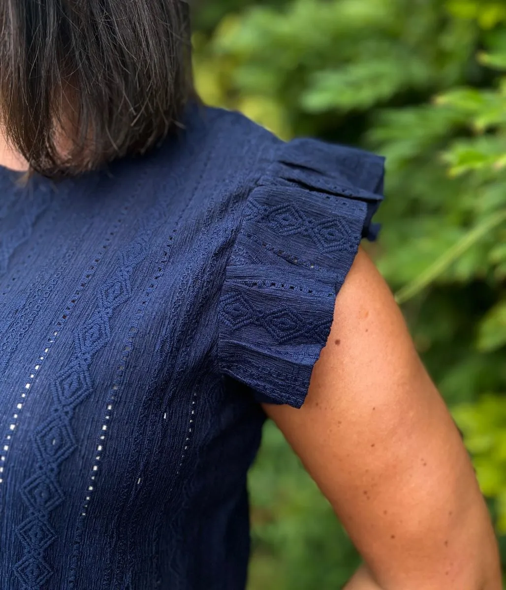 Navy Frill Sleeve Broderie Anglaise Top Reinforced Hems