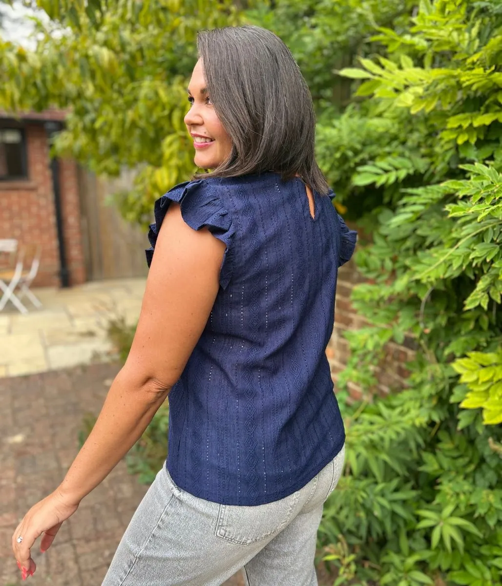 Timeless Cut Linen Blend Fabric Navy Frill Sleeve Broderie Anglaise Top