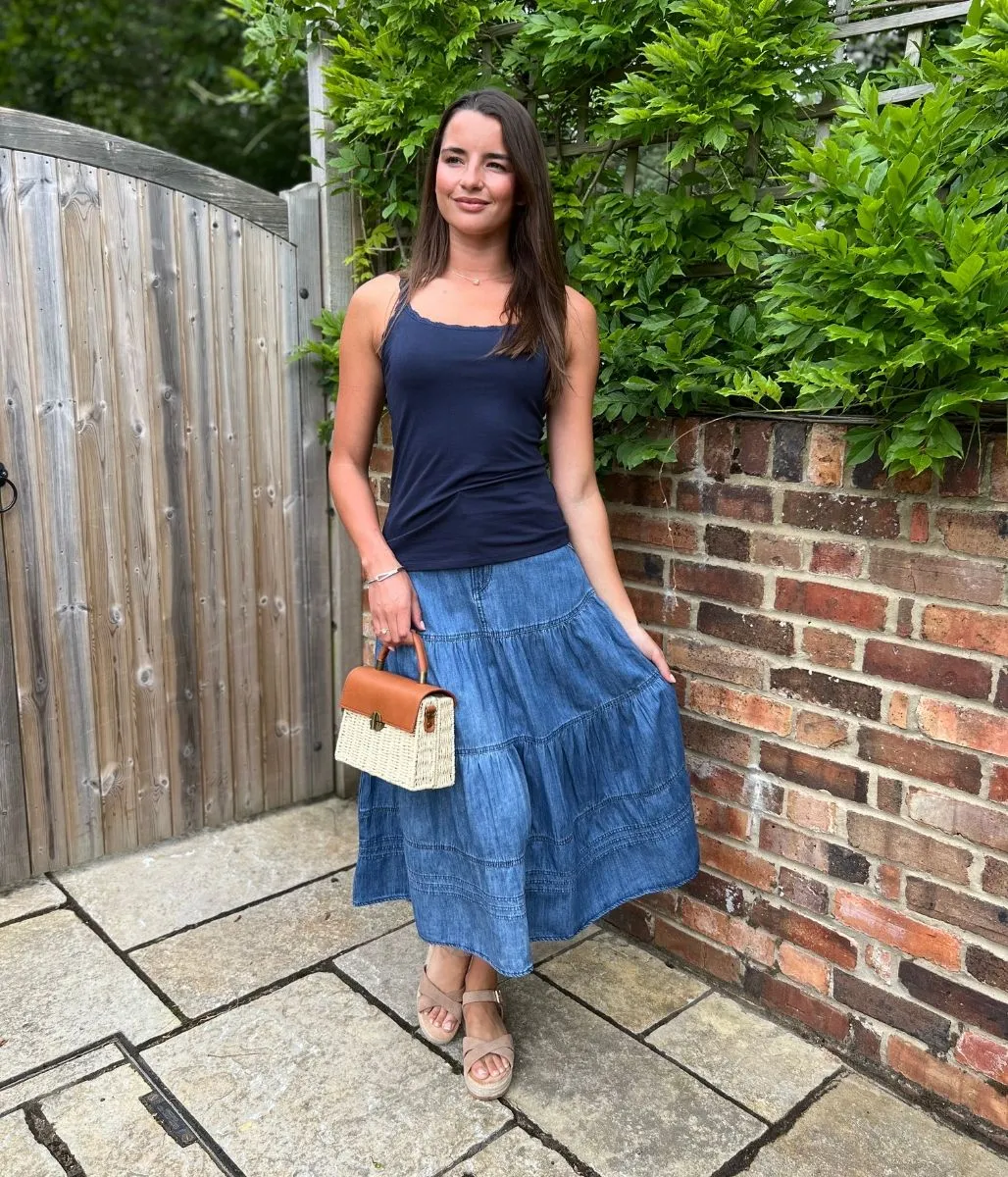 Chic Tee GarmentDyed Navy Lace Trim Cami Top