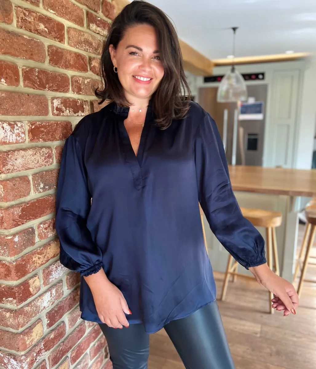 Navy Satin Popover Blouse ReflectiveAccents Odor Neutralizing Technology