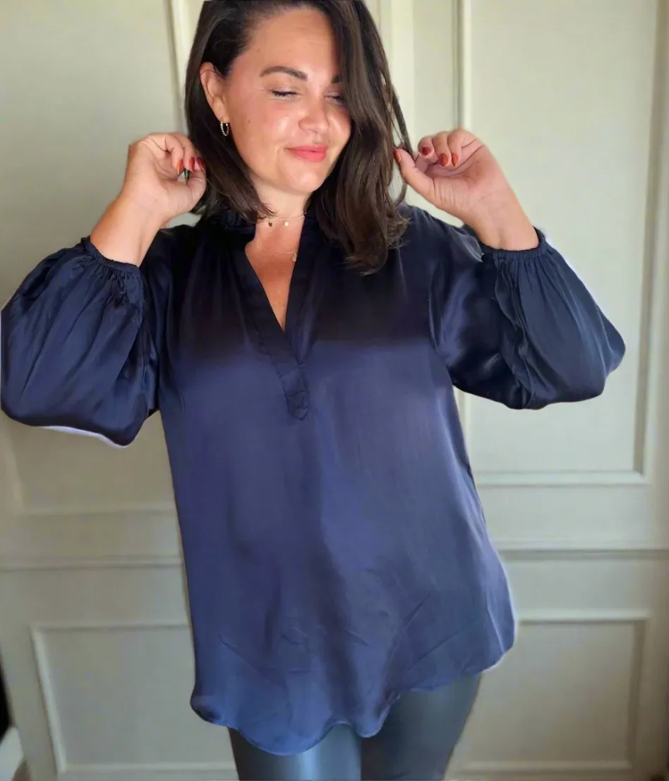 Navy Satin Popover Blouse Thermal Regulating Design