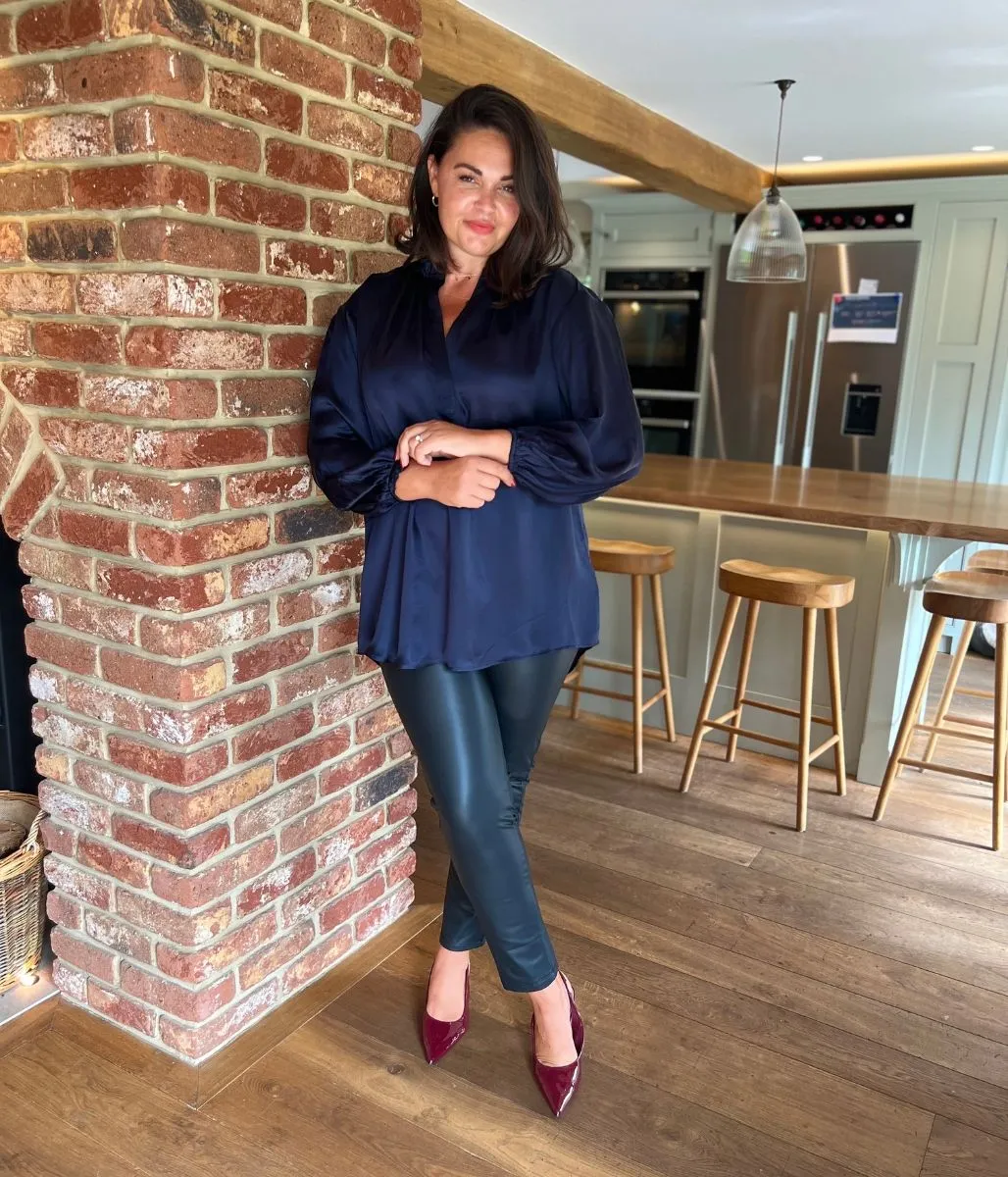 Navy Satin Popover Blouse OrganicCottonBlend Fitted Design