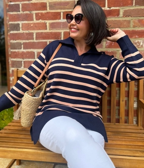 Navy & Pink Striped Rayon Blend Jumper Comfy Knit Outfit