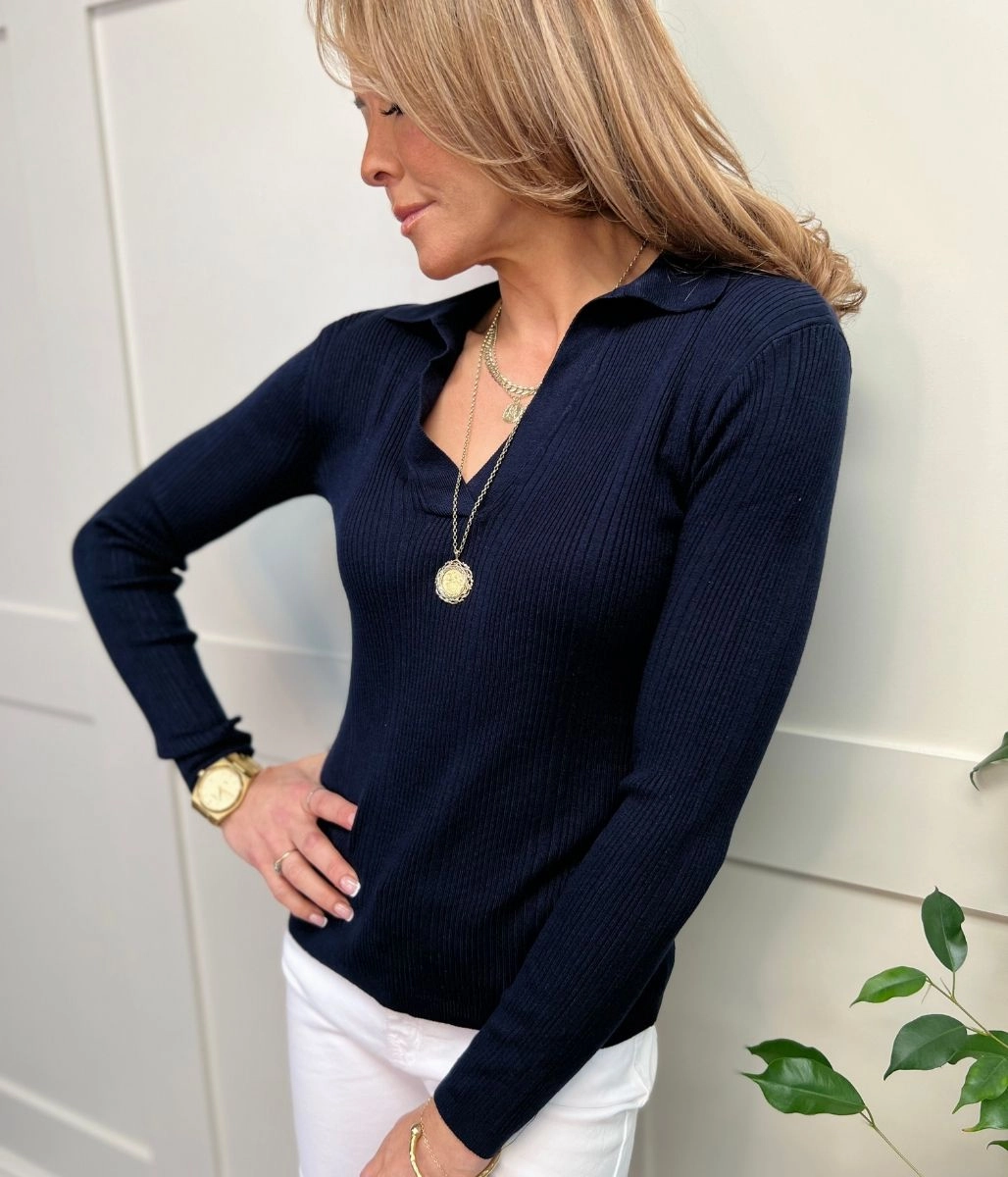 Navy Collared Ribbed Jumper Cold Weather Must-Have
