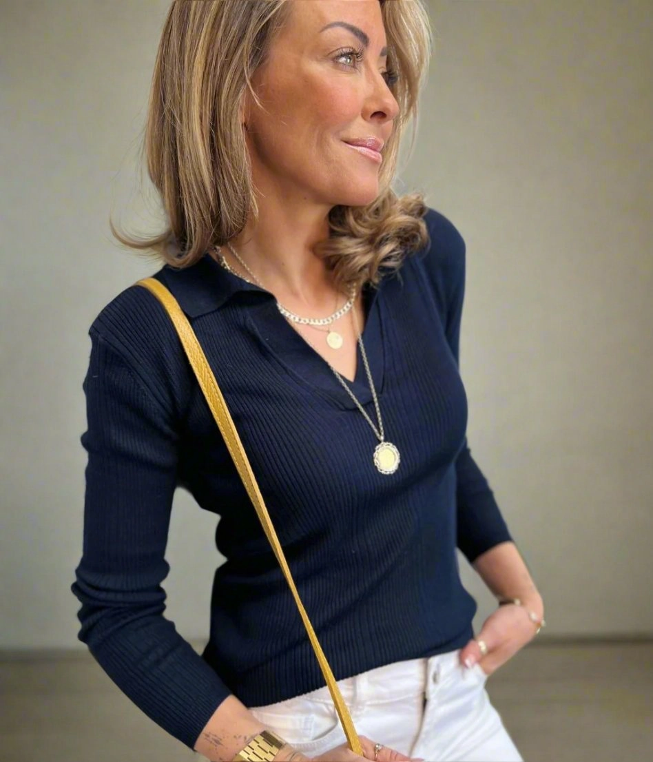 Navy Collared Ribbed Jumper Breathable Stretch Design